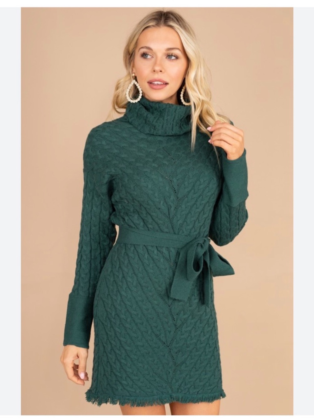 Pink Lily Forest Green Cable Knit Turtleneck Sweater Dress